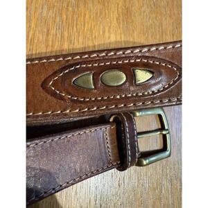 Italian Leather Belt Made in Italy Brass Buckle Western Stitching 32/35 Brown